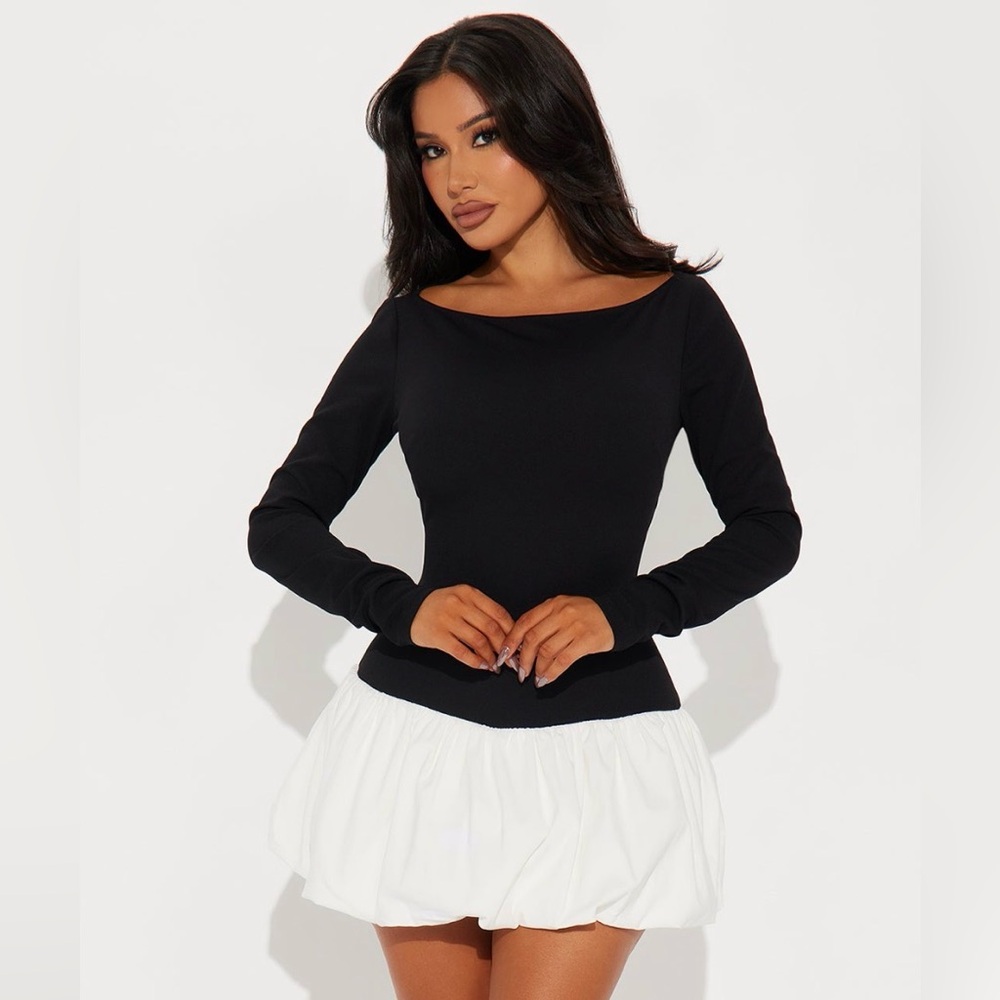 Fashion Nova White and Black Long Sleeve Bubble Dress Size Medium